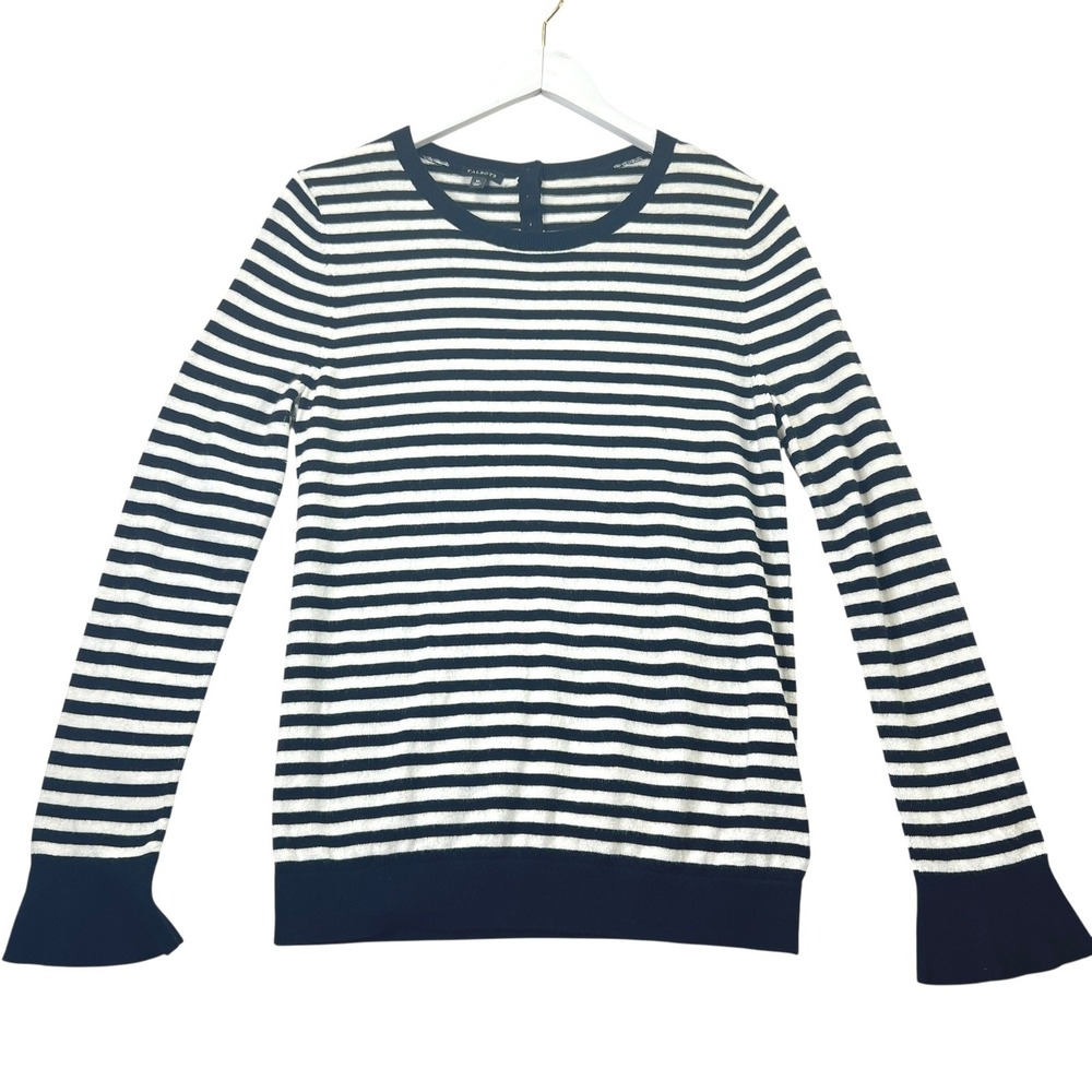 Talbots Cashmere Blend Striped Sweater M Navy White Button Pullover Minimalist